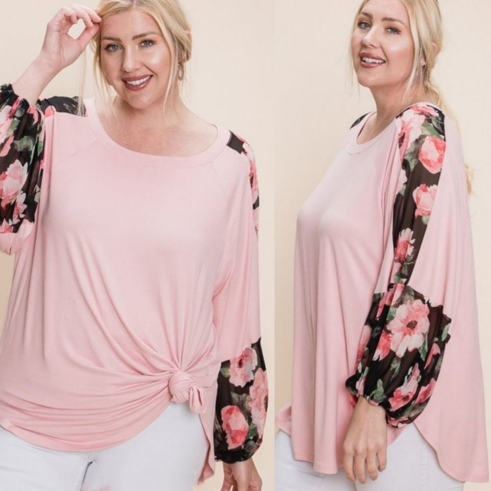 Pink Plus Size Top With Floral Sleeves - Picture 4 of 5